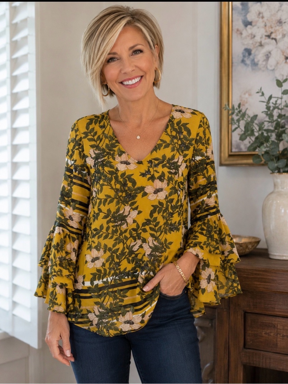 CABi "Scene" Floral Bell Sleeve Bouse